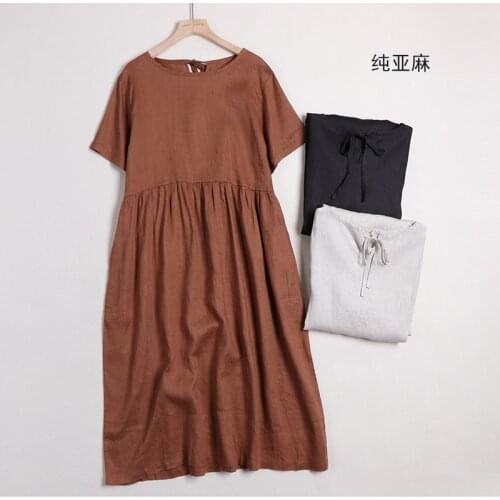 Japan Style Mori Girl Linen Short Sleeve Dress Literature Loose O-Neck Women Midi Dress