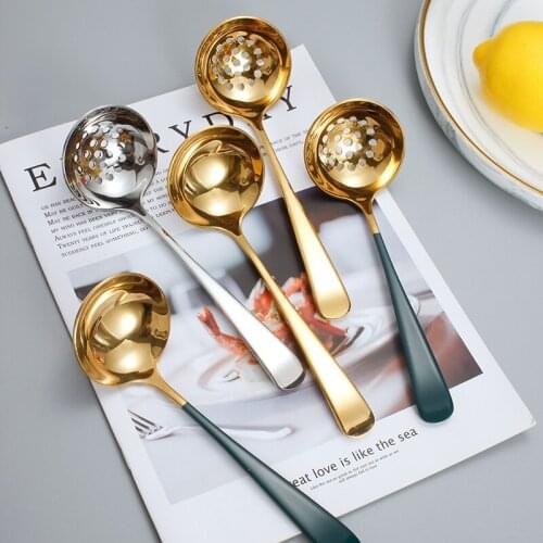 Stainless Steel Long Handle Soup Spoon Hot Pot Colander Golden Food Stirring Spoons Family Tableware Kitchen Cooking Utensils