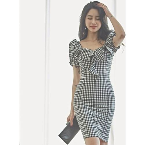 Fashion women elegant cute plaid backless formal dress new arrival temperament party off shoulder fresh mini slim pencil dress