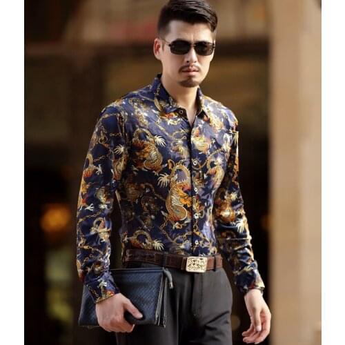 Mens Silk Velvet Warm Winter Shirt Thick Fleece Lining Thermal Shirt Dragon Tattoo Design Business Casual Shirts