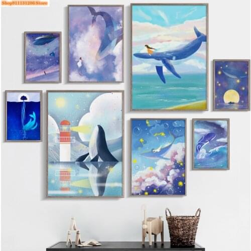 Cartoon Full Square Diamond Painting Whale Girl Star Moon Cloud Animals Diamond Embroidery Cross Stitch Kits Mosaic Home Decor