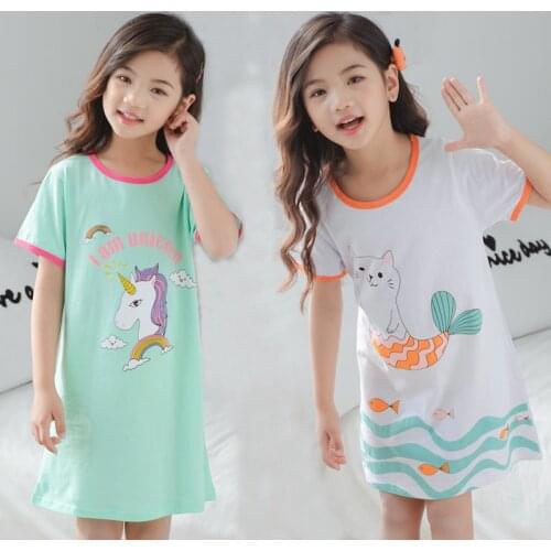 2020 New Summer Childrens Cotton Nightdress Unicorn Nightgown Kids Girls Nightshirt Big Girl Cotton Pajamas Nightie Gecelik