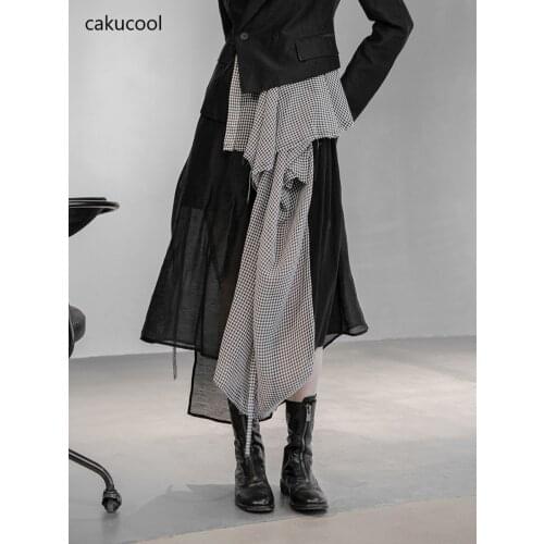 Cakucool 2021 new fashion irregular design sexy see-through dark linen stitching joker cut ladies loose MIDI skirt