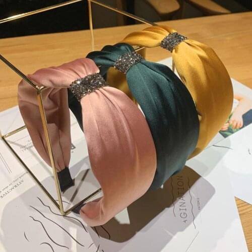 Korean Diamond Crystal Rhinestone Knot Headband for Women Solid Satin Hairband Women Hair Accessories Boutique Bezel Hair Hoop