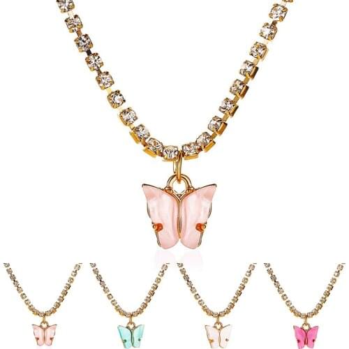 Colorful Butterfly Pendant Necklace Rhinestone Creative Charm Necklace Alloy Necklace for Women Girls Jewelry Accessories