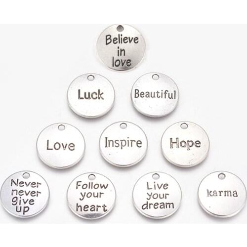PandaHall 60pcs/set 20x2mm Antique Silver Color Flat Round Tibetan Style Alloy Pendants with Word Hole: 2mm