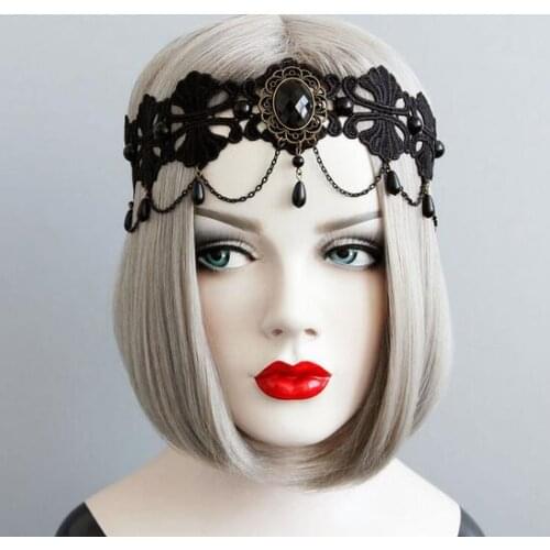 New arrival womens black lace hairbands with Wave pendant party girls vintage punk headband with rhinestone hair accessories