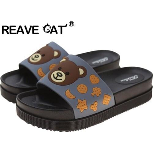 REAVE CAT New 2021 Women Baby Unisex Slippers Open Toe 4cm Heels Cute Cartoon Bear Stylish Soft Comfort Non-Slip Bathroom Summer
