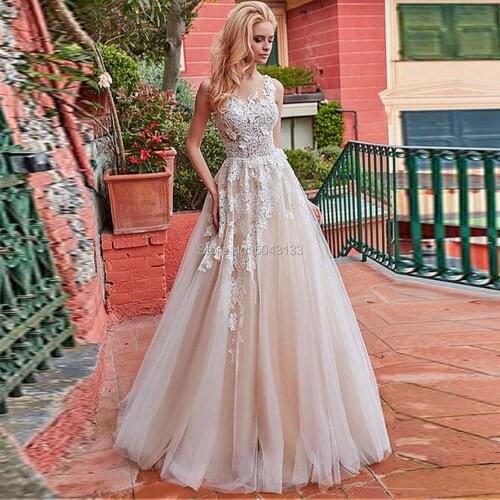 Classic Applique A Line Champagne Wedding Dresses 2020 Floor Length Vestido de Noiva Lace O Neck Sleeveless Wedding Bridal Gowns