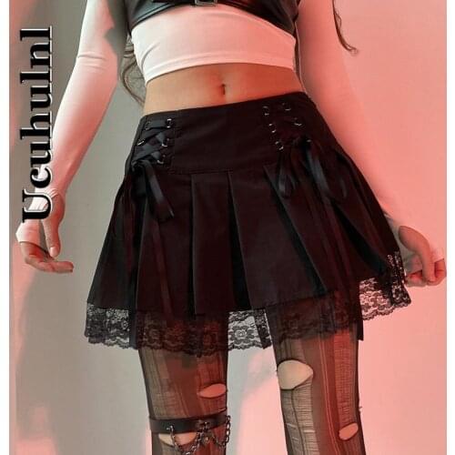 Ucuhulnl Gothic High Waist Pleated Skirts Women Dark Academia Short Skirt Criss Cross Straps Lace Sexy Y2K Aesthetic Dance