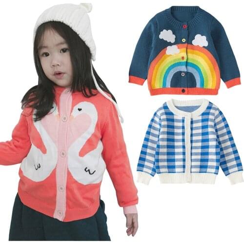 1-6Years Rainbow Embroidery Knitted Sweater for Girl Autumn Cardigan for Boys Girls Warm Grid Sweaters for Girls Kids Clothes