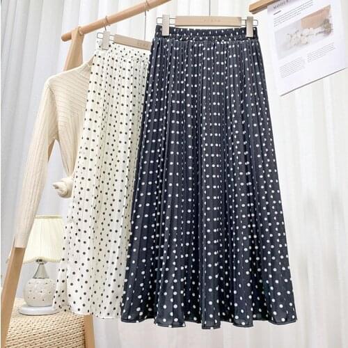 Fashion Polka Dot Long Skirt Women Summer Elegant High Waist Pleated Skirt Vintage Office Ladies Maxi Skirts Faldas Black White