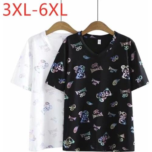 New 2021 Ladies Summer Plus Size Tops For Women Large Short Sleeve Loose Cotton Gilding Black V-neck T-shirt 3XL 4XL 5XL 6XL