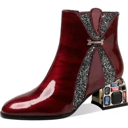 2021 Winter New Women Chunky Ankle Boots Fashion Party Crystal High Heels Zipper PU Leather Bling Sexy Pumps Chelsea Boots