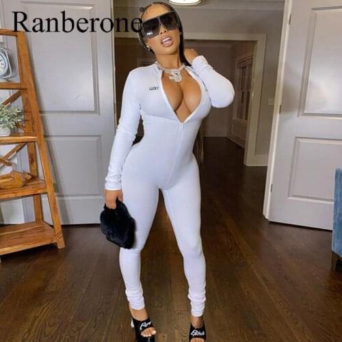 Ranberone Jumpsuit Female Zipper Solid Color Letter Printing Womenswear Compression Pants Sexy One Piece Womens Tracksuit 2020
