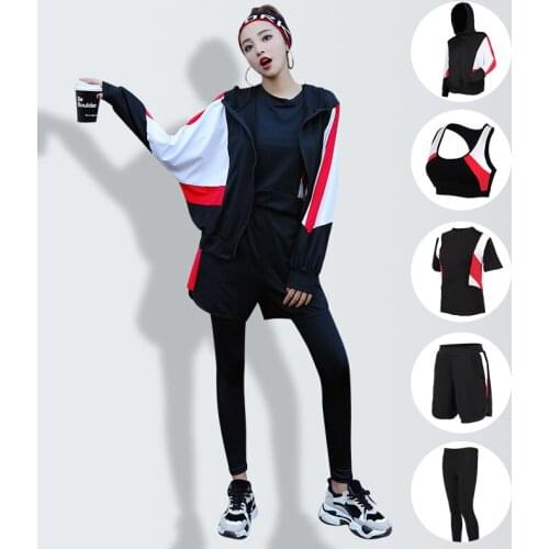 Plus Size New Fitness Women 5 in 1 Set Yoga Set Sport Bra & Sport Pants & Hoodies Jacket Sportswear Suit Outdoor Jogging