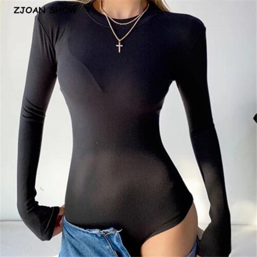 2021 Spring 90S Vintage Round Collar Rib Long sleeve Bodysuit Woman Short Jumpsuit Slim fit Rompers Bodycon Playsuits