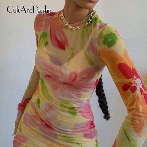 Floral Print Y2K Mesh Mini Dresses Women Harajuku Summer Long Sleeves Outfits Summer Aesthetic 2000s Dress Sexy Cuteandpsycho