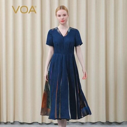 VOA 38m/m Silk Jacquard Navy Blue V-neck Short Sleeve Dress AE887 Middle Waist Rear Invisible Zipper Dresses for Women 2021