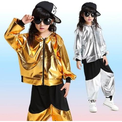 Gold Silver kids Modern Jazz Sweatpants dancing Hoodie clothing Sequined Girls Boys Ballroom Hip Hop Dancewear Outfits