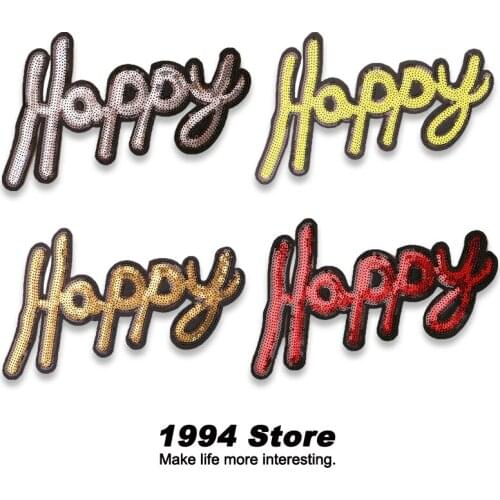 Golden Silver Red Yellow Sequins Patch Fashion Letters "Happy" Badge Embroidered Iron-On Stickers For Clothes DIY Repair Patch