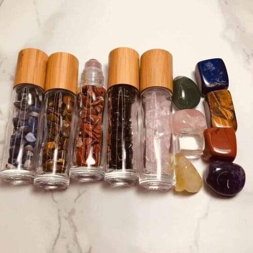 10ml Natural Glass Crystal Stone Essential Oil Massage Roller Bottles doterra Roll On 10ml crystal Perfume bottle bamboo cap