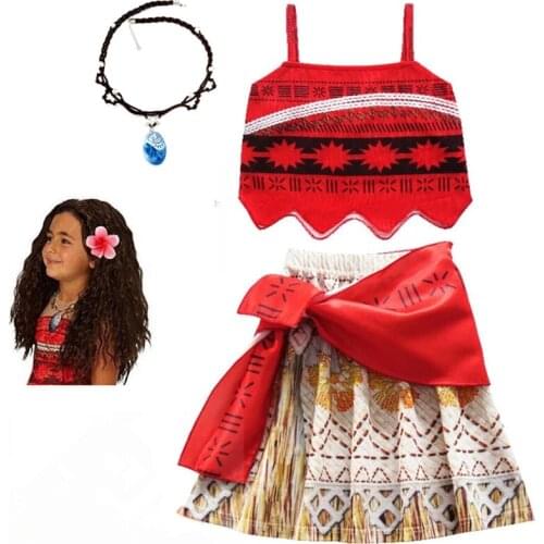 2021 Girls Moana Cosplay Costume for Kids Vaiana Princess Dress with Necklace Halloween Costumes Baby Children Party Clothes