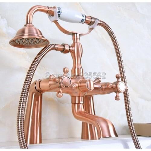 Antique Red Copper Bath Tub Faucet W/ Hand Shower Sprayer Clawfoot Mixer Tap lna161
