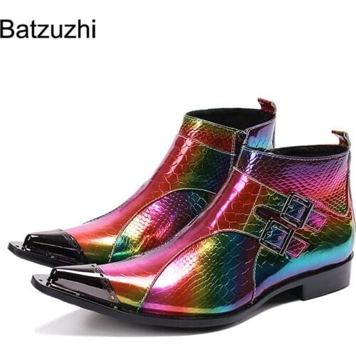 Batzuzhi Pointed Metal Toe Leather Ankle Boots Men New Design Mens Boots Color Party, Wedding Boots for Men Botas Hombre