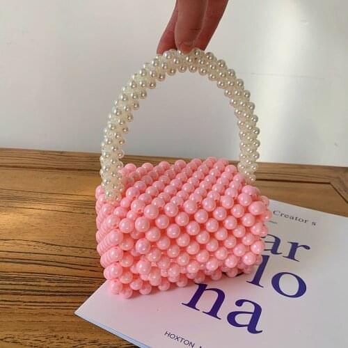 Elegant Lady Summer Handmade Beads Bag Pink Color Hand Woven Acrylic Hangbag Evening Party Clutch Purse 2021 New Style