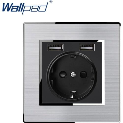 EU German Socket With 2 USB Charger Wallpad Stainless Steel Panel With Silver Border Wall Socket AC110-250V