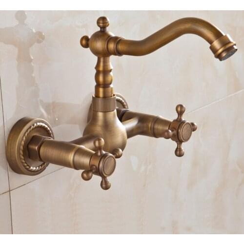 European antique brass wall mounted bathroom rotated bathtub faucet,Retro sink basin faucet mixer water tap hot and cold 2 style