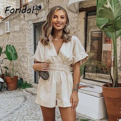Foridol Wide Leg Summer Women Rompers V Neck Casual Streetwear Pockets Overalls 2020 High Waist Playsuits 2020 New