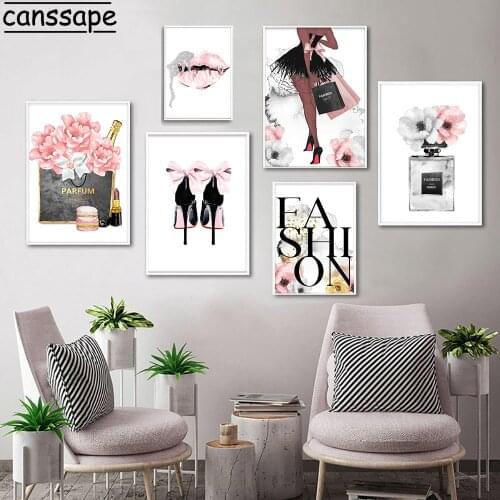Fashion Poster Women Perfume Makeup Canvas Art Print Sexy Lips Paintings High Heels Posters Pink Flower Wall Pictures Home Decor