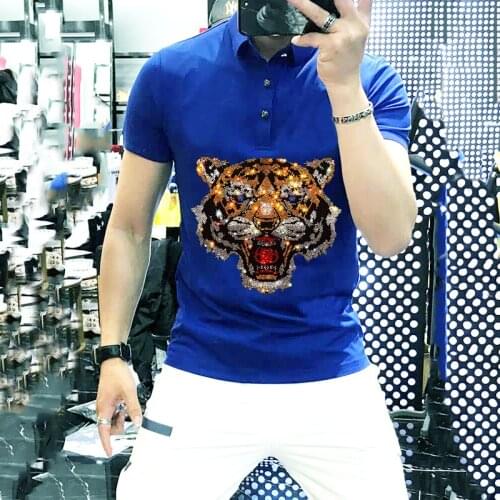 Couple Super Polo And Refined Elasticity Mens Lapel Gradient Hot Sale Tiger Head Rhinestone Short-Sleeved Bottoming Shirt