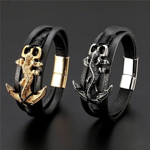 Mens PU Bracelet with Stainless Steel Gecko Anchor Decor Double Layer Wristband Magnetic Buckle Closure Fashion JewelryLXH