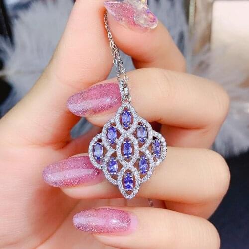 Natural blue tanzanite pendant S925 silver Natural gemstone Pendant Necklace trendy rhombus leaf Fan women gift jewelry