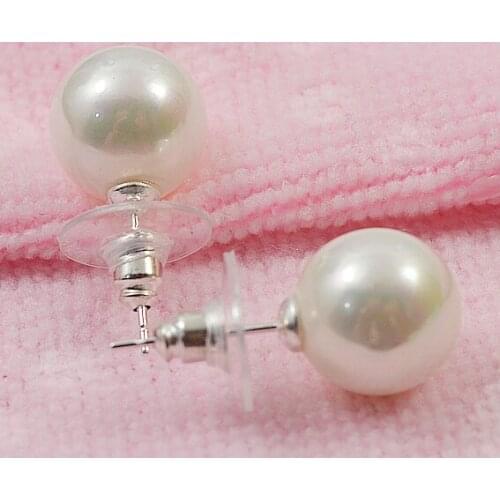 New White Shell Pearl Silvers Stud Earrings,Round Ball Beads Natural South Sea Shell Pearl,Fashion Chirstmas Gift Women Jewelry