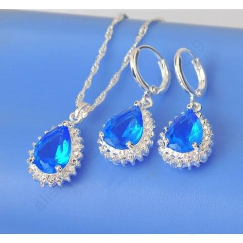 Charming Wedding Jewerly Set CZ Necklace Earrings18 inch 925 Sterling Silver Necklace Chains Hoop Earring Sets