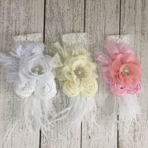 Wholesale Girl Hair Band Chiffon Lace Rhinestone Feather Rose Flower Fashion Hair Accessories Photograph props Baby Gifts E15612