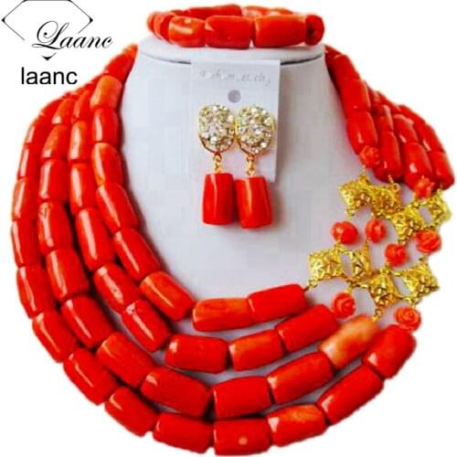 Orange nigerian necklace african wedding coral beads jewelry set 4LJHP