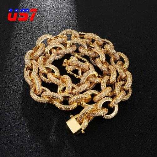 US7 12mm AAA+ Cubic Zircon Oval Link Chain Neckalce Bling Iced Out Rhinestones Copper Necklaces Fashion Hip Hop Jewelry for Man