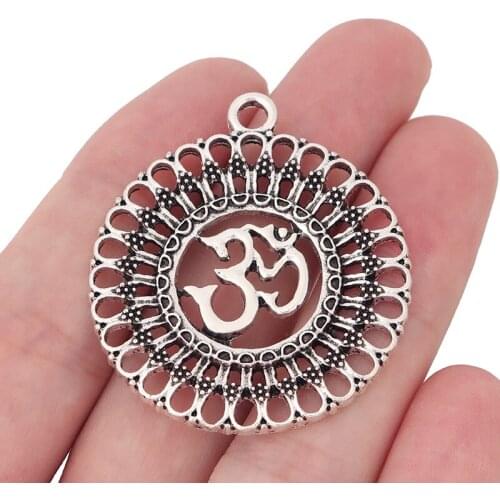 3 x Tibetan Silver Flower Filigree OM AUM Yoga Charms Pendants for DIY Necklace Jewelry Making Findings 44x39mm