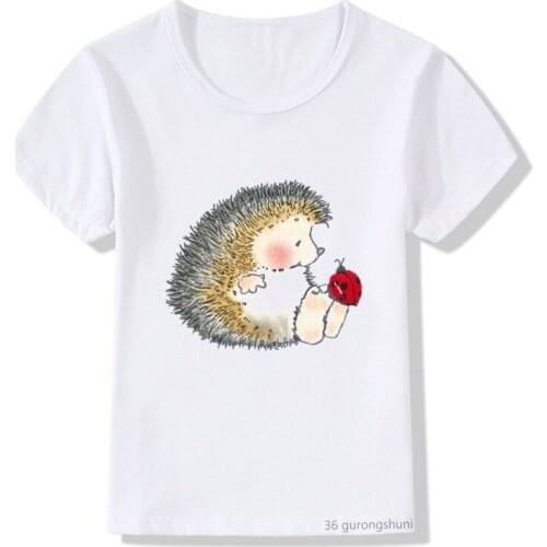 Hedgehog Cartoon Print Boys/Girls Casual Kids T-shirt Harajuku Girl Tops Kawaii T Shirt White Children Clothing Shirt Tops
