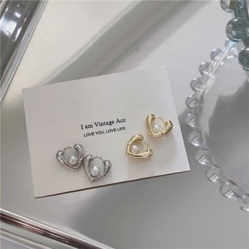 Origin Summer Minimalist Metallic Love Heart Hoop Earring for Women Girls Simulation Pearl Hollow Out Geometric Earring Jewelry