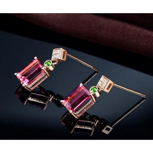 2021 Fashion 18K Rose Gold Drop Earrings Jewelry For Women Ruby Gemstone Zircon Rectangle Dangle Hanging Earrings Ornaments Gift