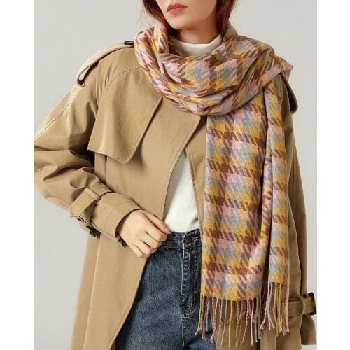 Fashion Imitation Cashmere Women Vintage Houndstooth Scarf Winter Warm Shawl Long Wrap Bandana Comfortable Female Thick Blanket