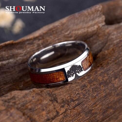 SHOUMAN Personalize Wood Band Ring For Women Man Tree Of Life Zodiac Mosaic Sport LOGO Stainless Steel Customize Jewelry