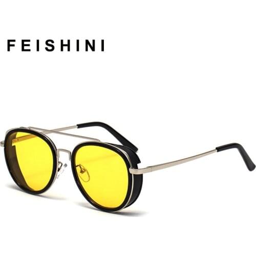 FEISHINI New Gothic Steampunk Round Sunglasses Men Red Punk Goggle Luxury Fashion Oval Sun Glasses For Women Vintage Shades