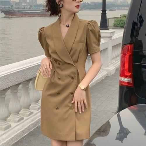 Vintage Elegant One-piece Dress Women Korean Fashion Office Style Mini Suits Dress Puff Sleeve Slim Light Sundress Summer 2021
